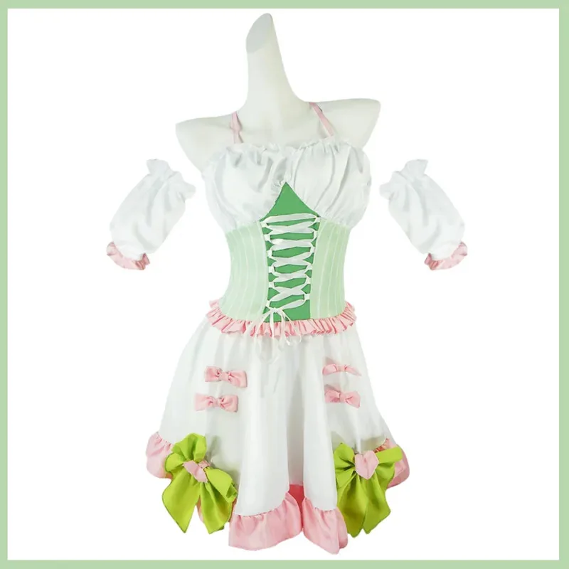 Disfraz de Anime Kanroji Mitsuri, Kokyuu Doujin, vestido de sirvienta con hombros descubiertos, calcetines, peluca, traje de fiesta de Carnaval Kawaii Sexy para mujer if;3