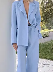 Tesco-traje de lino azul para mujer, Blazer de manga larga, pantalones de pierna ancha de cintura alta, trajes femeninos informales, 2 piezas, 2024