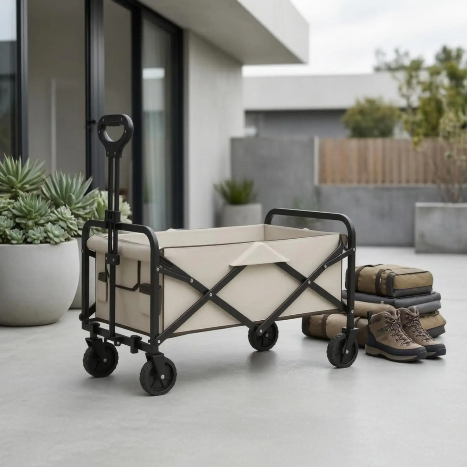 Outdoor Folding Utility Cart Heavy Duty Wagon with Four Smooth Casters for Camping Picnic Beach Yard Work Collapsible Gear