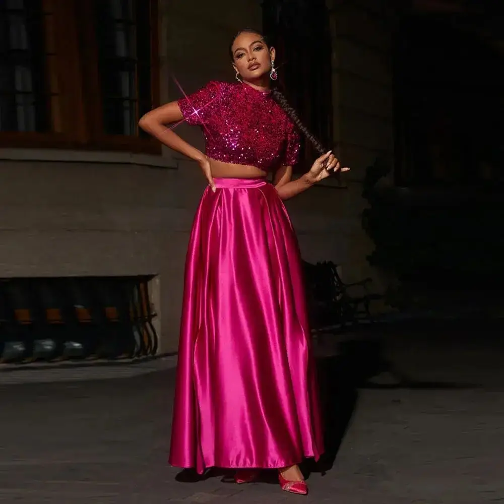 2 Pieces A line Party Dresses Sequins Personalized Fuchsia Maxi Dress Women Satin Prom Gowns with Sleeves Bow Backless