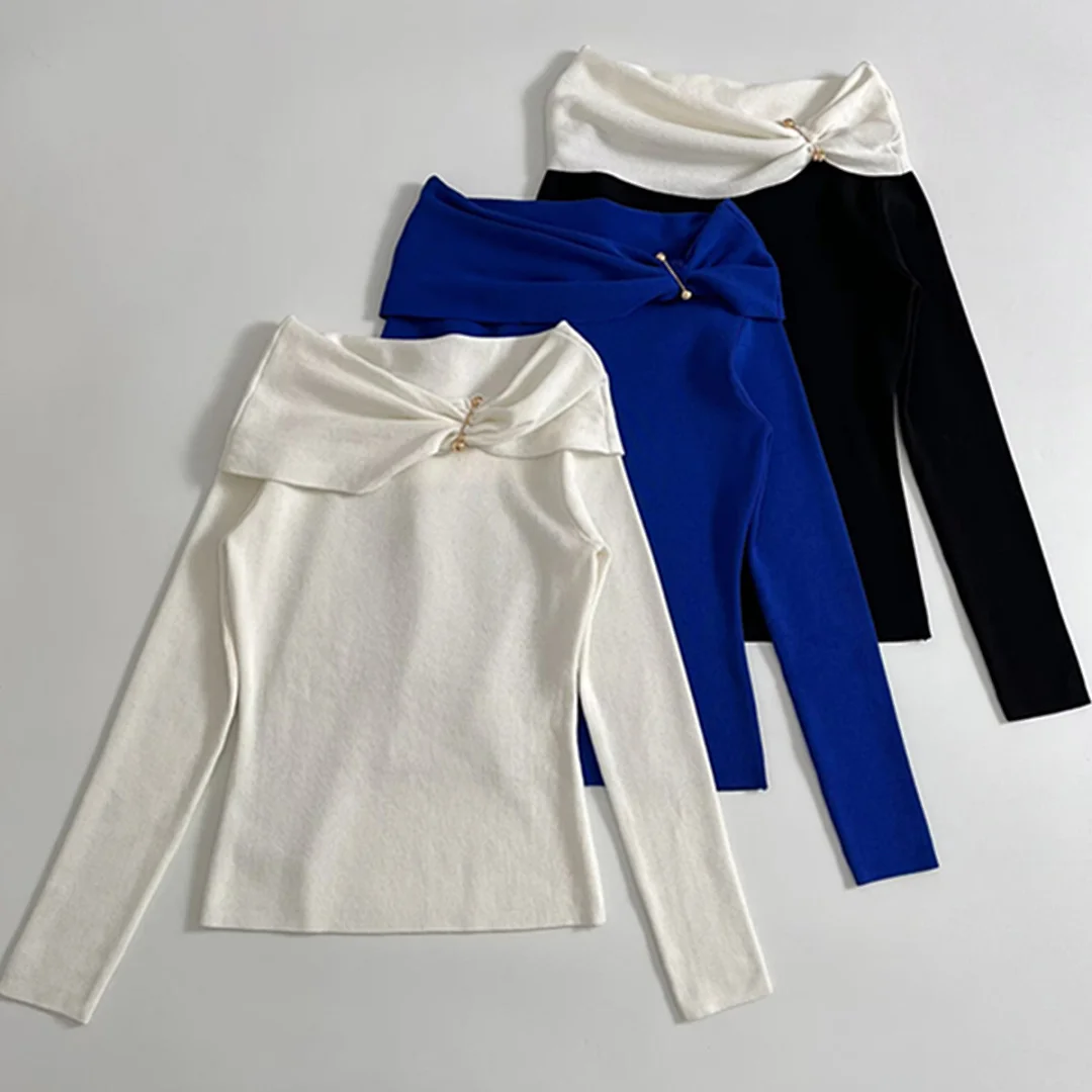 

Jenny&Dave Spring Minimalist Contrasting Colors Long Sleeve T-shirt Woman Clothes Female Clothing Basic Women's Sweater Knitwear