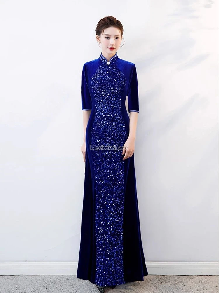 2025 new chinese improved women cheongsam long velvet dress elegant chinese half sleeve stand collar slim party qipao dress w208