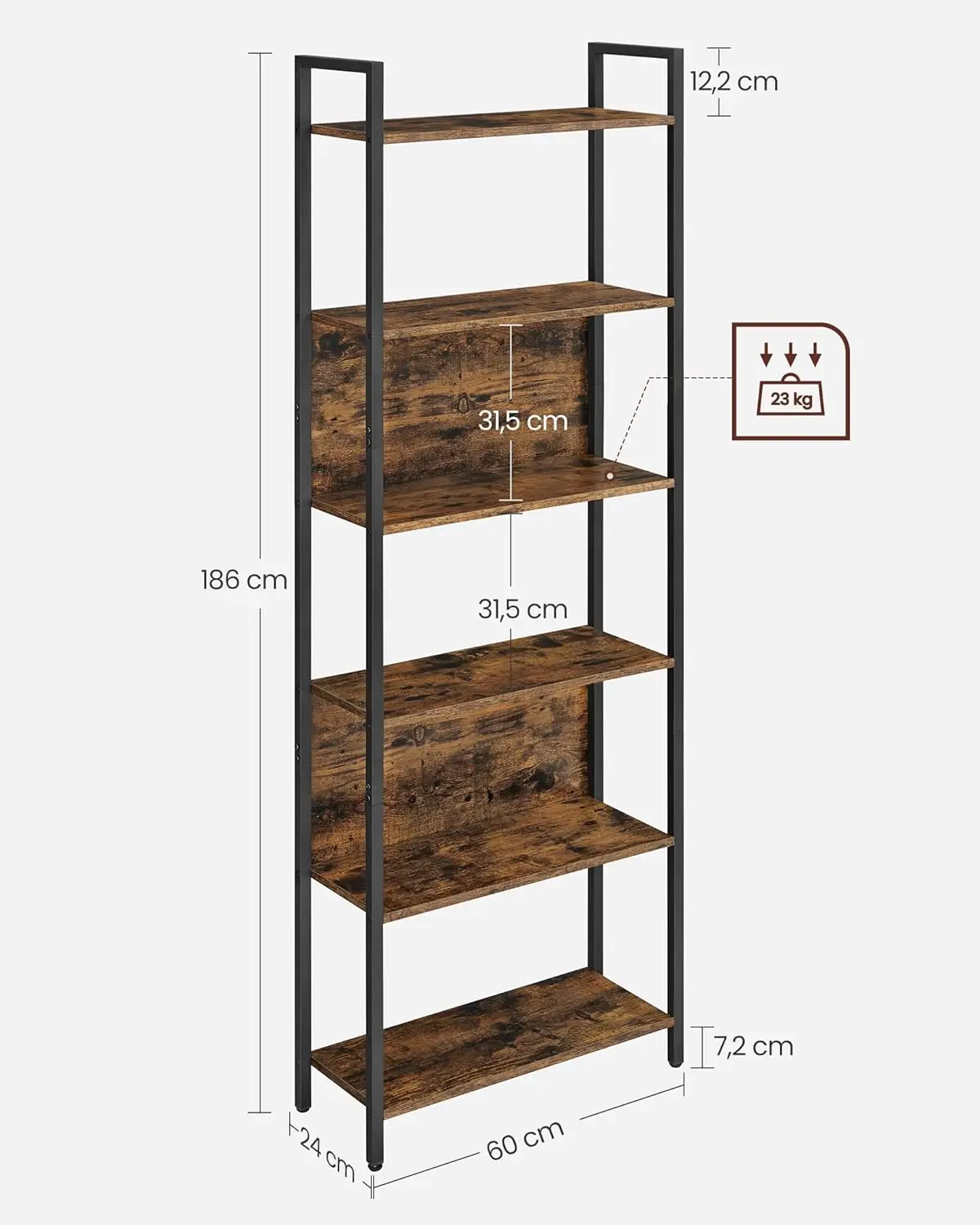 Estantería de libros de 6 niveles, estantería Industrial con marco de acero, para sala de estar, oficina en casa, dormitorio, 9,4x24,4x73 pulgadas