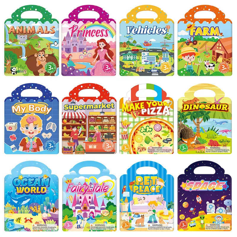12pcs/set Reusable Sticker Book Multi-Theme Bubble Jelly Paste Sticker Portable Montessori Stickers Toys for Children Gifts
