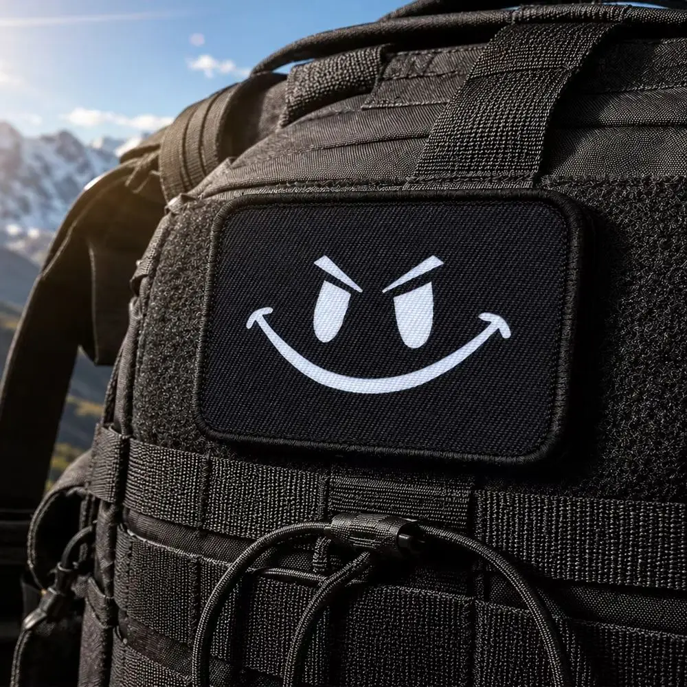 1 Stück Lustiger Böser Smiley-Klettverschluss-Aufnäher, Morale-Meme-Dekorationsabzeichen für Rucksack, Jacke, Hut – Detail 3