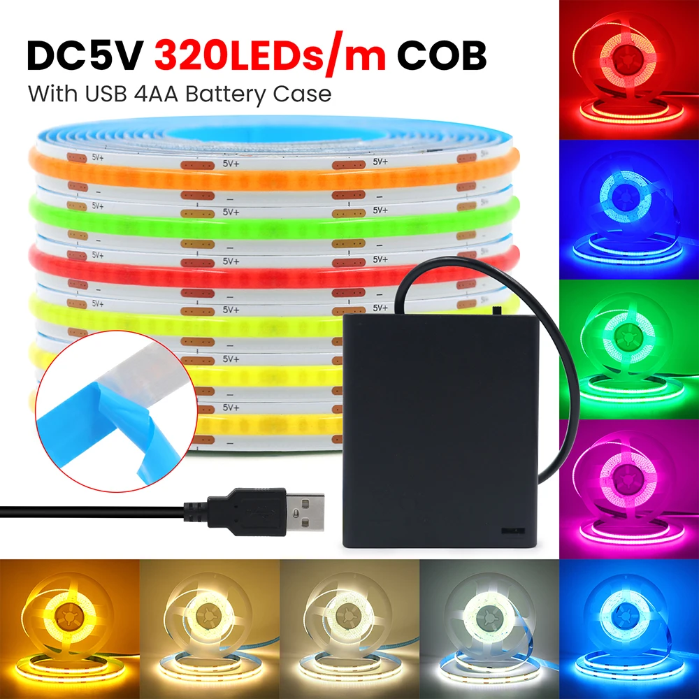 5V USB 3mm 5mm PCB COB Led Strip Light Battery Power with Switch DC 8mm White Red Yellow 320 LEDs Flexible Adhesive Tape Lamp