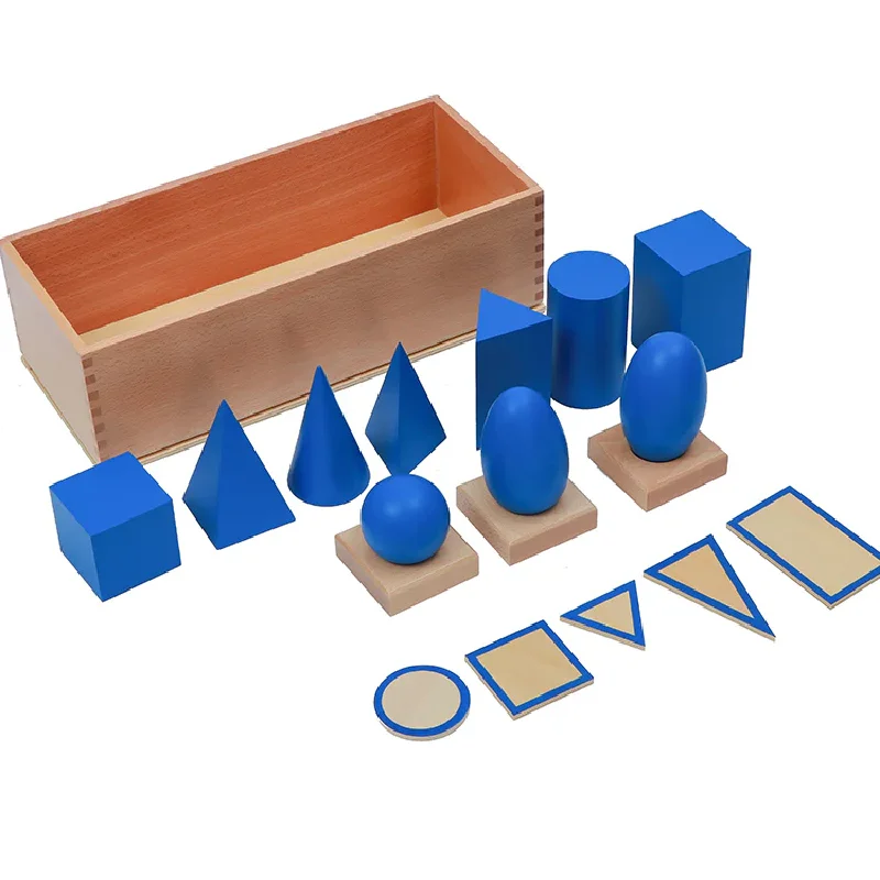 

Геометрические твердые материалы Алена Монтессори с подставкой, основаниями и коробкой