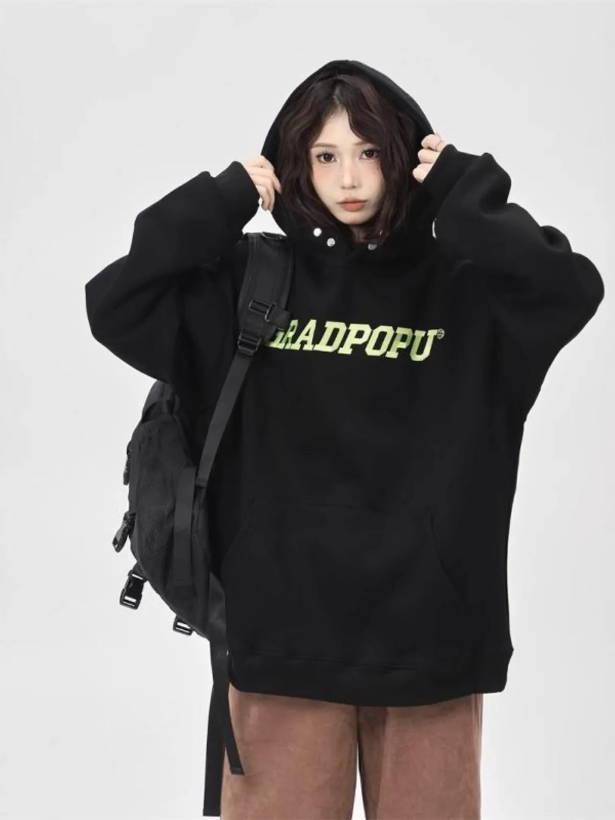 

Худи оверсайз 300 Pou для женщин, весна-осень, в корейском стиле, повседневное, уличная одежда, длинный рукав, полиэстер