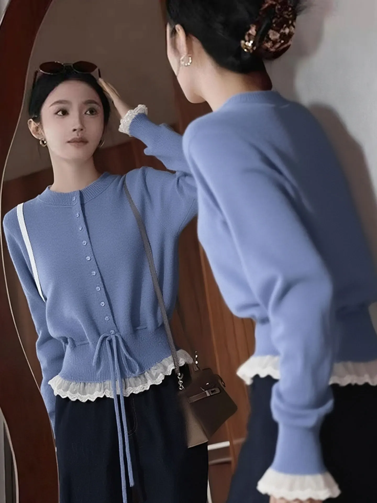 

Женский зимний вязаный свитер Ele Long Sve с кружевной отделкой, на шнурке на талии, с подогревом, стандартный крой, в корейском стиле