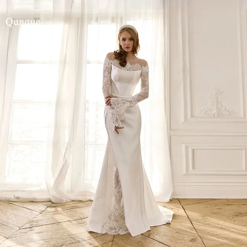 

Свадебное платье Qunque Illusion без спинки с высоким разрезом, плиссированное вечернее платье, кружевное платье-русалка класса люкс, Vestido De Novia Boda, на заказ