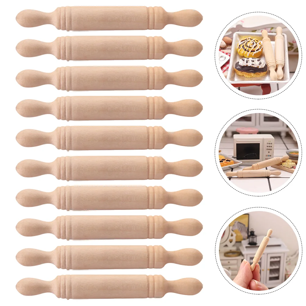 10 Pcs Mini Wood Rolling Pin House Pole Home Decor Pastry Miniature Sticks Craft Supplies Child Roller