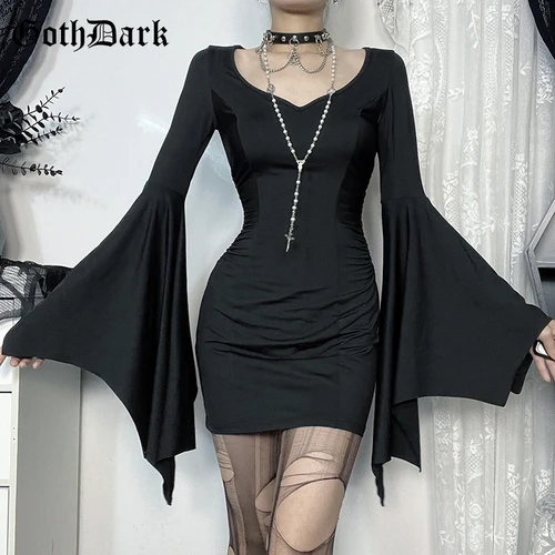 Imagen 1 del producto Goth Dark Cospaly ropa de fiesta mujer moda manga de murciélago Mini vestido elegante ajustado plisado vestidos ajustados centro comercial gótico Alt Teachwear