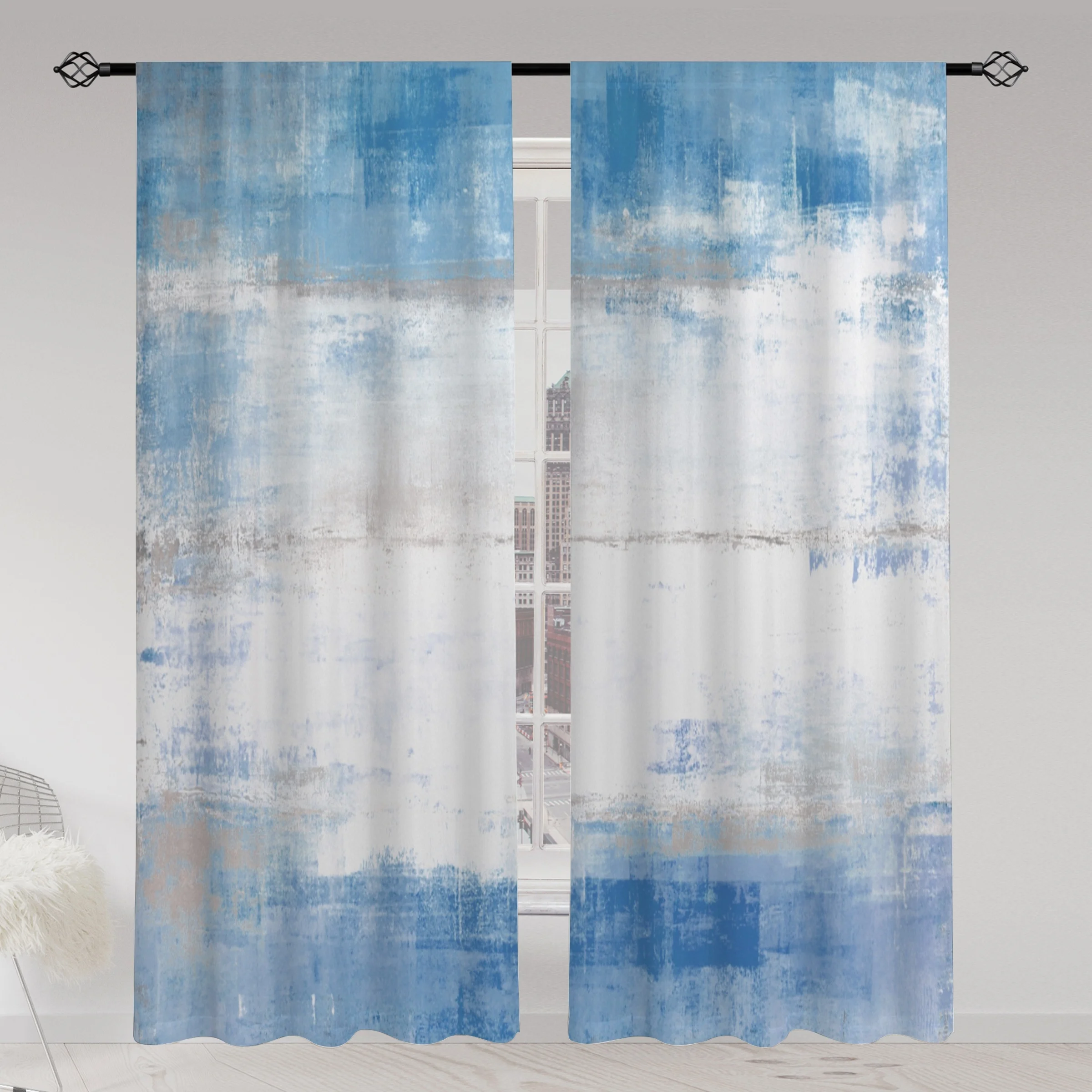 Waterproof Abstract Blue Gray Grunge Curtains Modern Drapes Panel Treatment for Living Room and Bedroom Stylish Window Blinds De