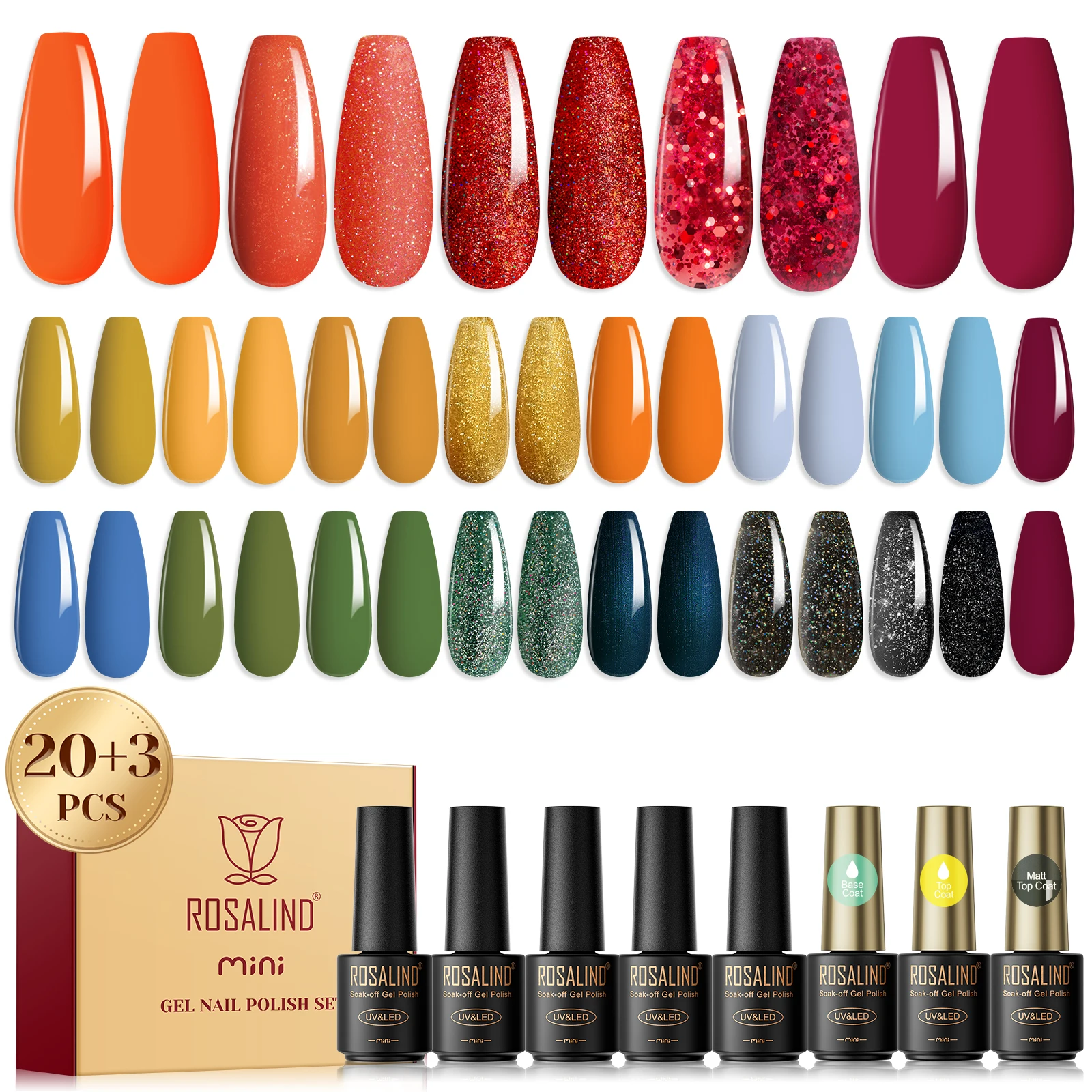 ROSALIND Mini set di smalti gel per unghie Soak Off vernici gel semipermanenti Nail Art-20 colori gel con base top coat opaco