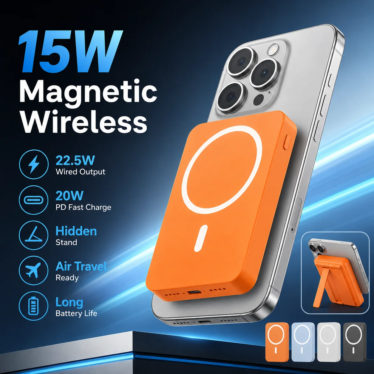 10000/20000mAh 22.5W Magnetic Wireless Power Bank Slim Portable Charger With 2 Cables Fast Charging Powerbank For iPhone Samsung