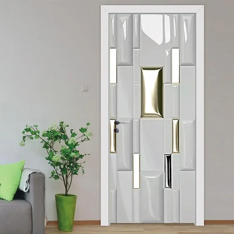 3D Nordic Door Stickers Retro Wooden Frame Oil Painting Wine Geometry PVC Wallpaper Sticker Home Decor Poster