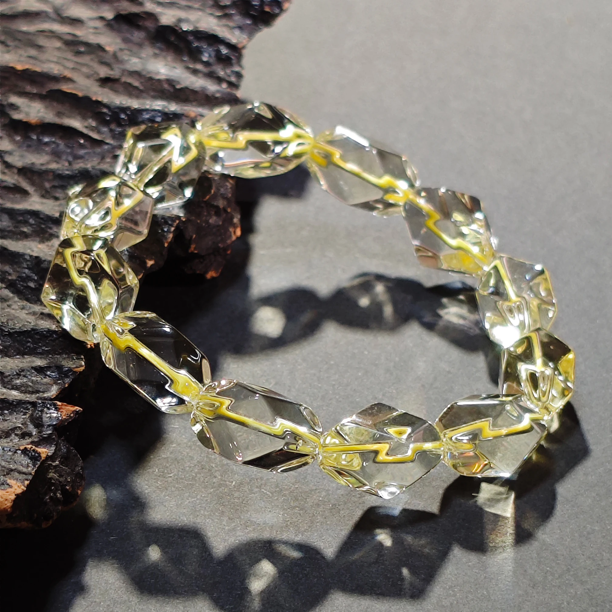 Natural Citrine Faceted Geometric Bead Bracelet, Pale Lemon Yellow Crystal Clear for Modern Gift Women Elegant Layering Piece