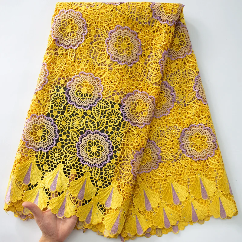 Yellow Latest Nigerian Cord Guipure Lace Fabric 2024 High Quality 5 Yards Water Soluble Lace Fabric for Women Party Dress A3689