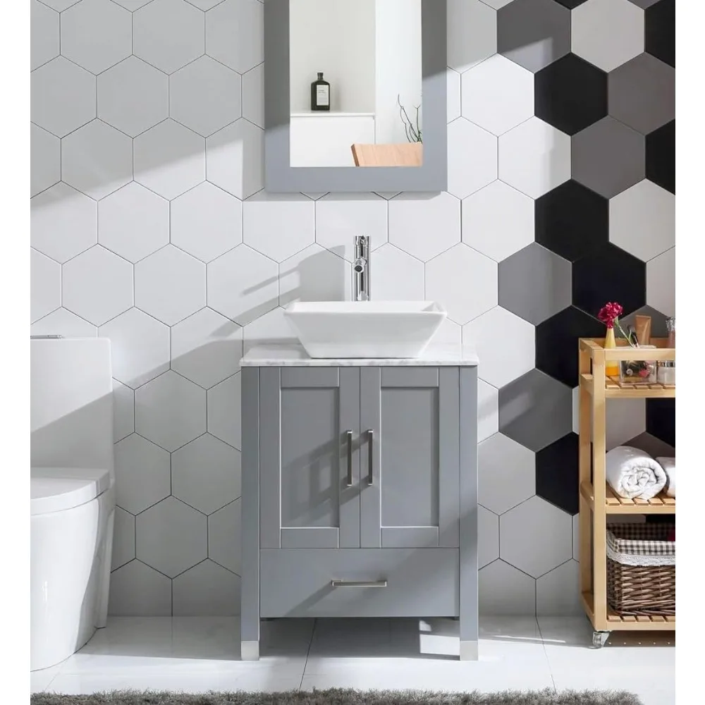 

24" Gray Bathroom Vanity with Sink Combo, Solid Wood Cabinet with Ceramic Sink, Marble Countertop, Faucet,, Customized