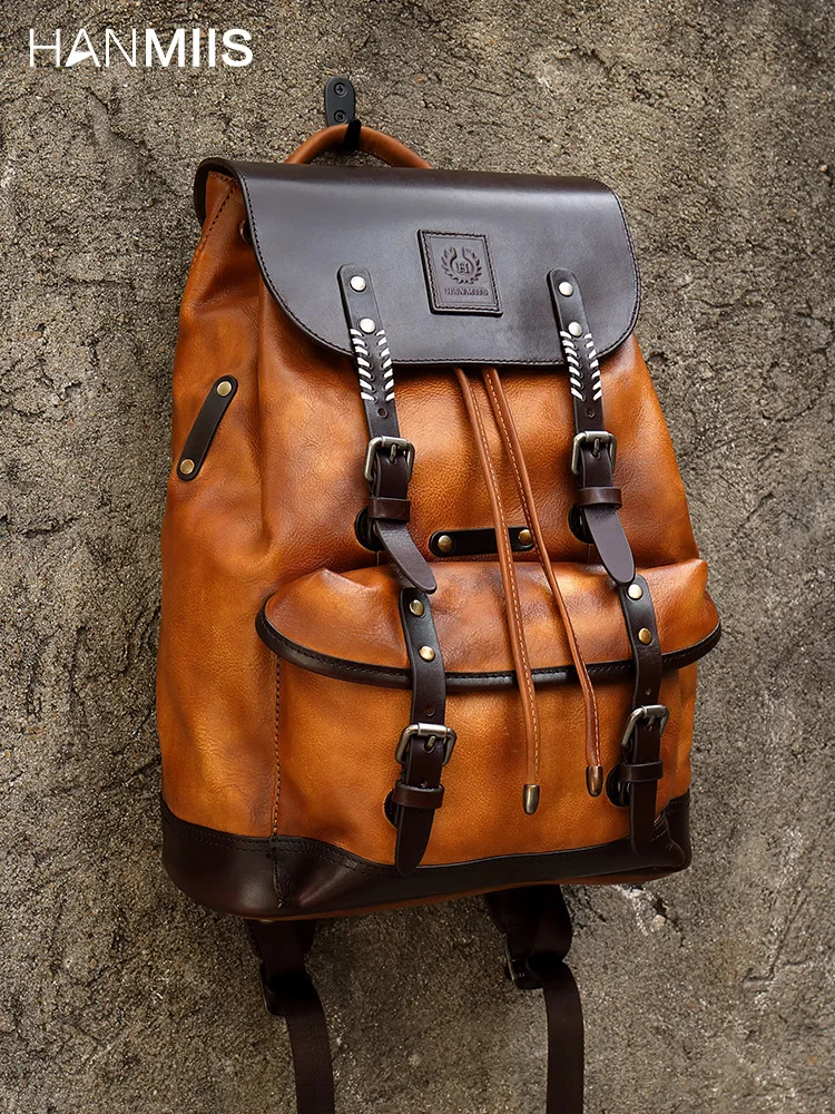 Men\'s Backpack 2024 New Male Laptop Shoulder Bag Travel Bag Full Leather Men School Backpacks Bags First Layer Cowhide Solid Bag