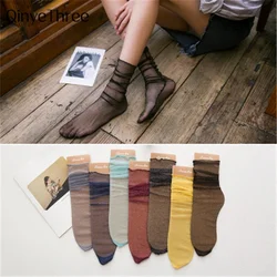New Fashion Thin Light Gold Silver Glitter Socks Transparent Literary Retro College Wind Socks Chiffon Lolita Lace Mesh Sokken
