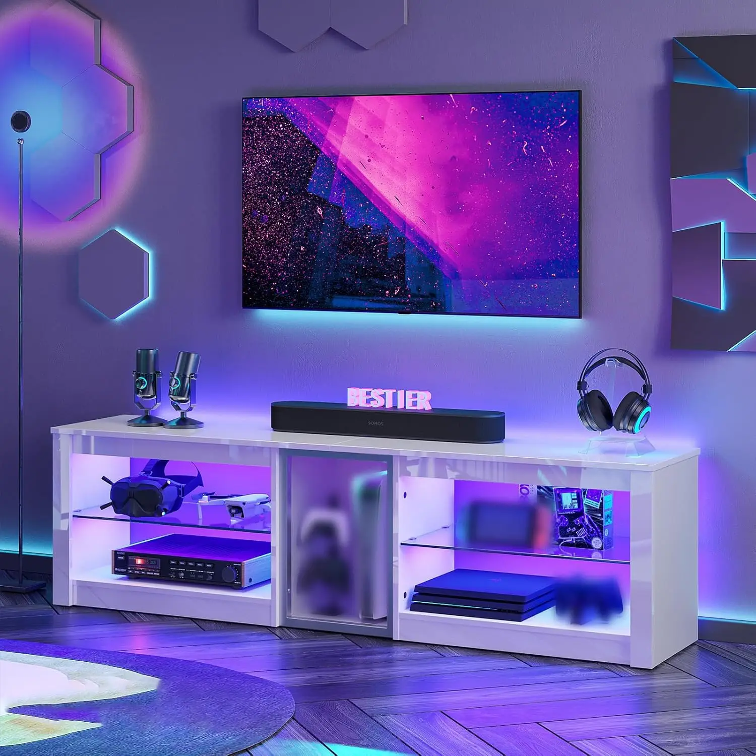 Bestier High Gloss TV Stand for 70 inch TV, Gaming Entertainment Center for PS5, LED TV Cabinet with Glass Shelves for L