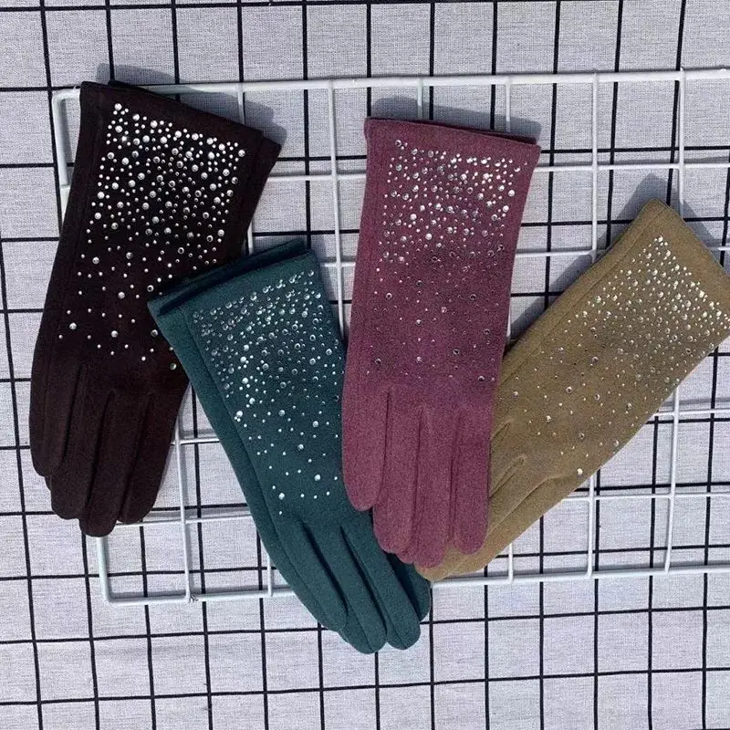 الشتاء أزياء الماس قفازات النساء خمر أنيقة شاشة تعمل باللمس الدراجات محرك سميكة يندبروف الدفء القفازات