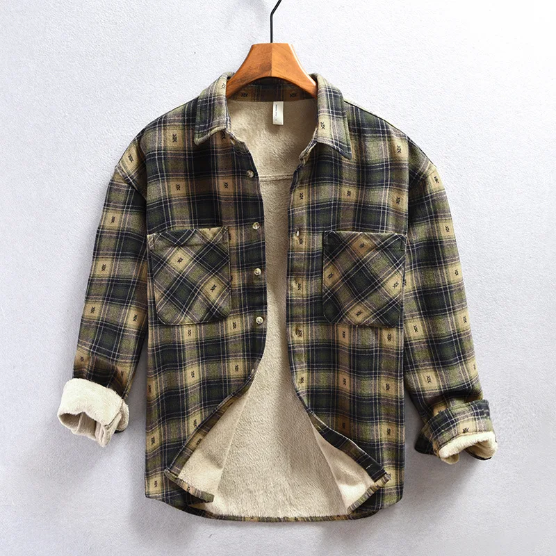 Z227 Men\'s Plaid Fleece Casual Shirt Autumn Winter Multi Pockets Fashion Loose Long Sleeve Tops Vintage Simple Cozy Male Blouses