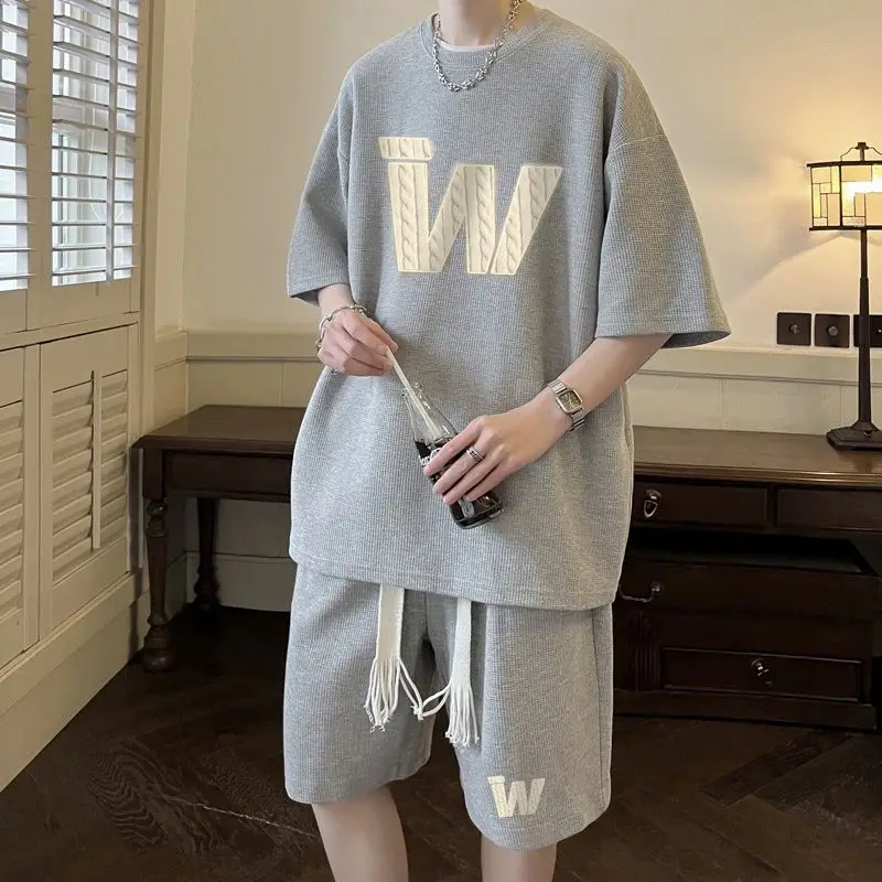 Men Summer Waffle Texture Short Sleeve T Shirt Shorts Two Piece Set Teen Cool Fashionable Sportswear Hong Kong Style view 3