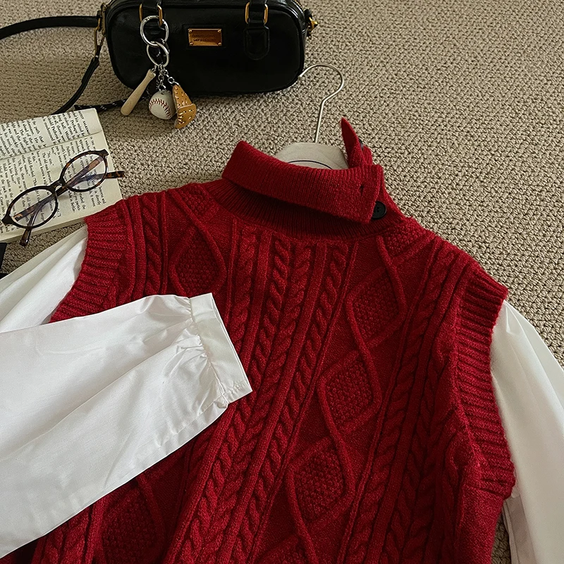 

Wedbleser Color Blocking Fake Two-piece Sweater Spliced Shirt Summer Loose Button Temperament Long Sleeved Pullover High Neck