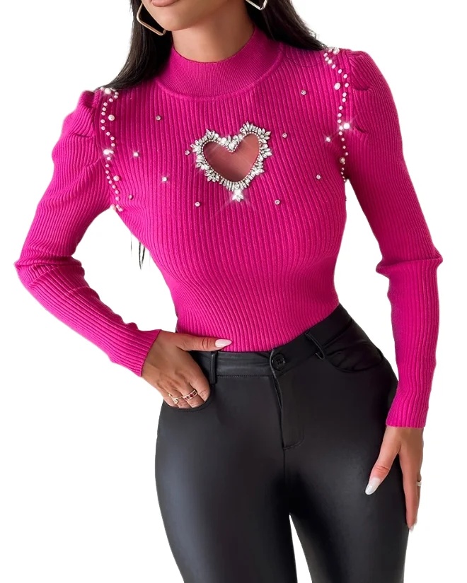 Fashion Women Sweaters 2023 Autumn and Winter New Casual Round Neck Rhinestone Hollow Heart Knit Sweater Y2K Clothing