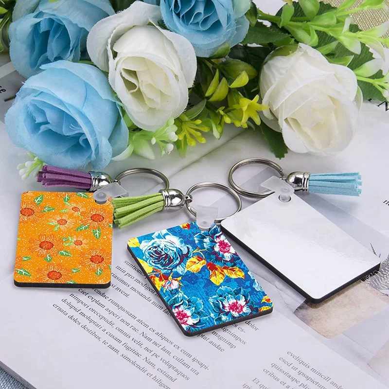 128Pcs Sublimation Keychain Blanks Set Key Rings Sublimation Blanks Heat Transfer Keychain Tassels MDF Blank