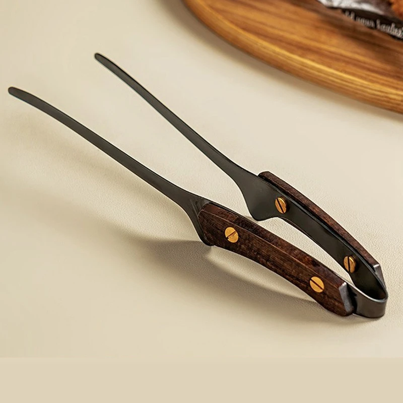 Stainless Steel Vintage Outdoor BBQ Tongs Wood Handle Steak Anti‑scald Clips Kitchen Restaurant Food Serving Tongs