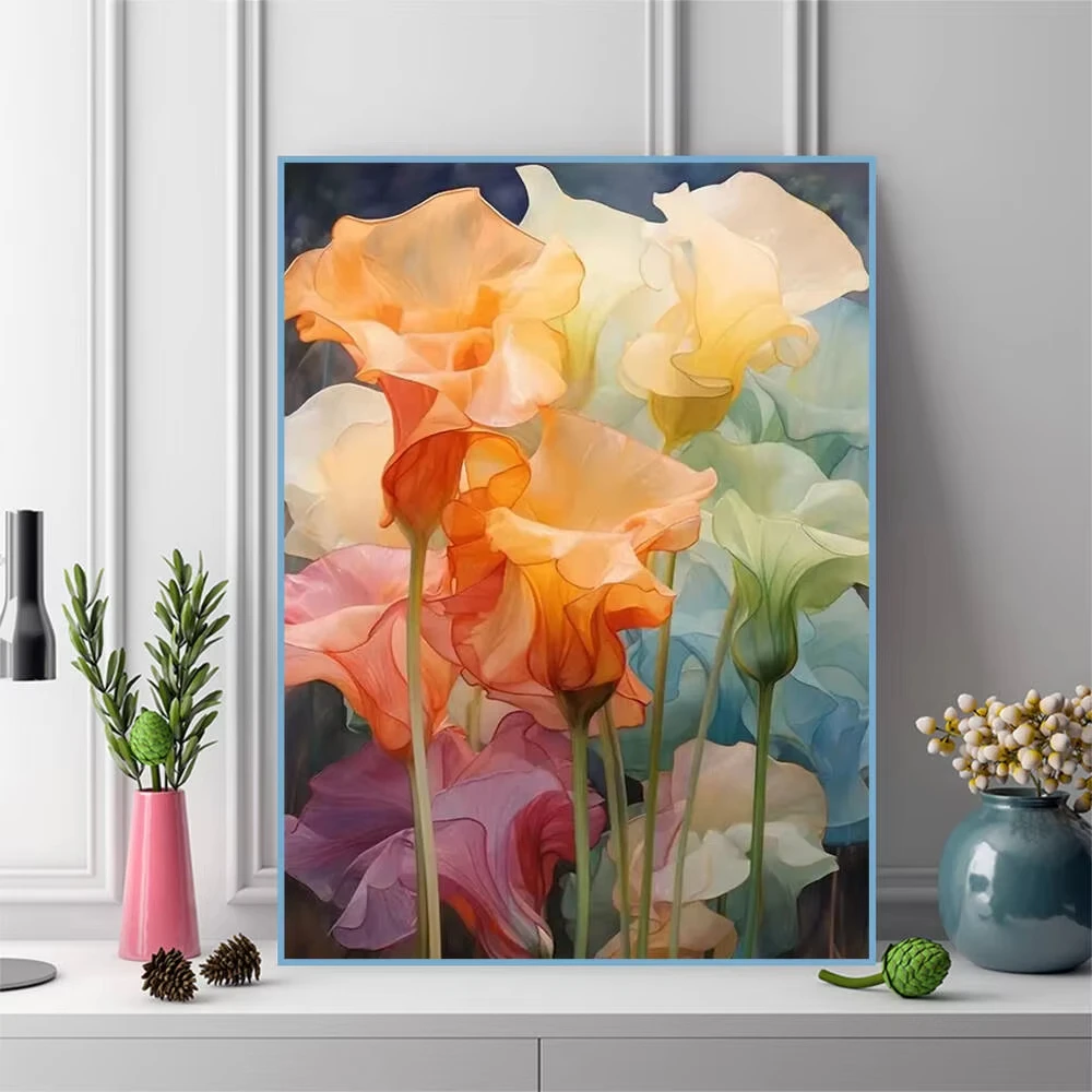 Traumhafte, schöne, farbenfrohe Blumen-Diamantmalerei nach Zahlen auf Diamanten als Heimdekoration für Wohnzimmer und Schlafzimmer, handgemachtes Hobby.