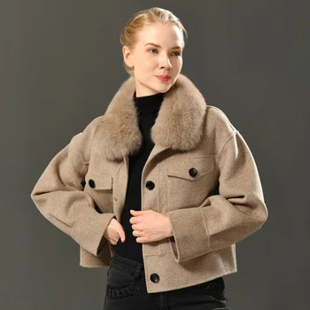 แจ็กเก็ตขนสัตว์สองด้านแบบ2024คอขนสุนัขจิ้งจอกแบบถอดได้ใหม่ฤดูใบไม้ร่วง/ฤดูหนาว