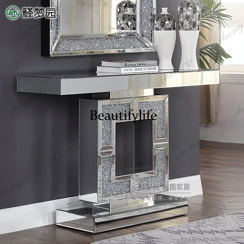 9344 European-style entryway table, light luxury, modern living room screen storage rack, wall-mounted mirror entryway table view 3