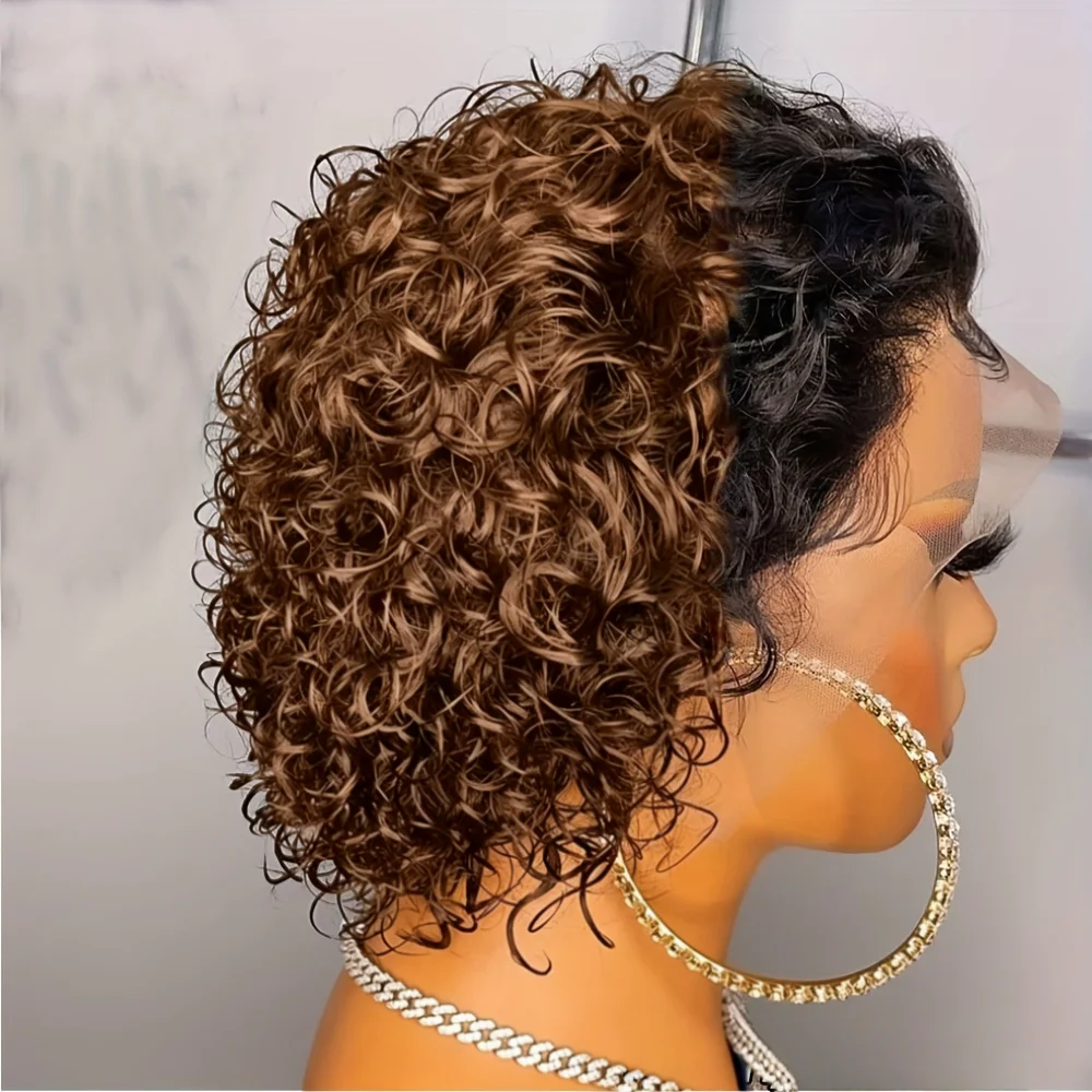 Women's Brown Short Curly Pixie Cut Human Hair Wig