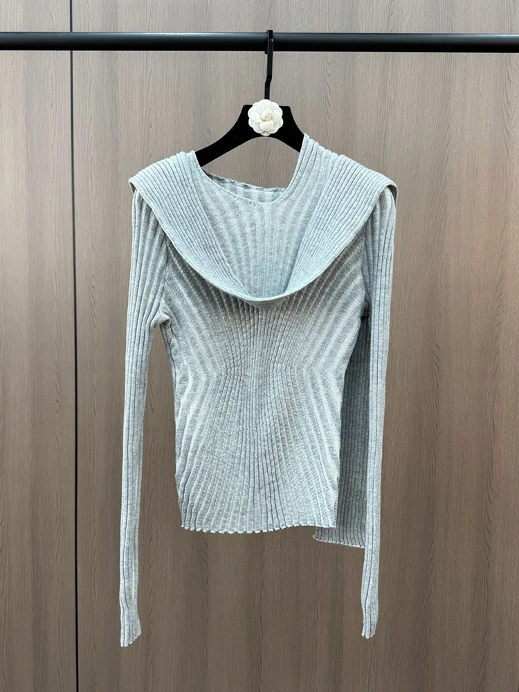 VGH Hit Color Striped Slimming Chic T Shirt For Women Hooded Long Sleeve Design Sense Casual Tops Female Fashion New Autumn 2024