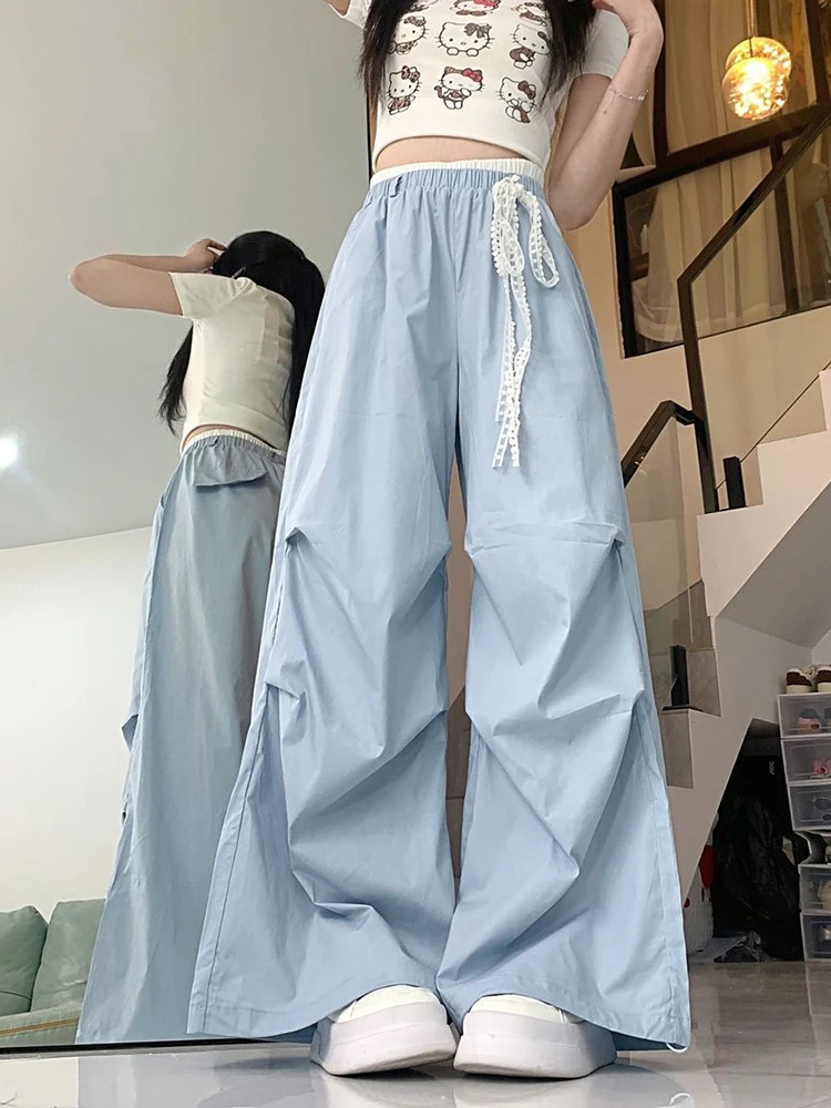 Jmprs Lace Bow Cargo Pants Women High Waist Loose Sweet Blue Trousers Casual Vintage Korean Female Summer Wide Leg Pant Retro