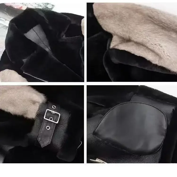 Abrigo de mujer, abrigos de piel sintética, chaquetas de motociclista, cinturón, bolsillo, cuello vuelto, mangas largas, cremallera, ropa informal suelta, Otoño Invierno 2025