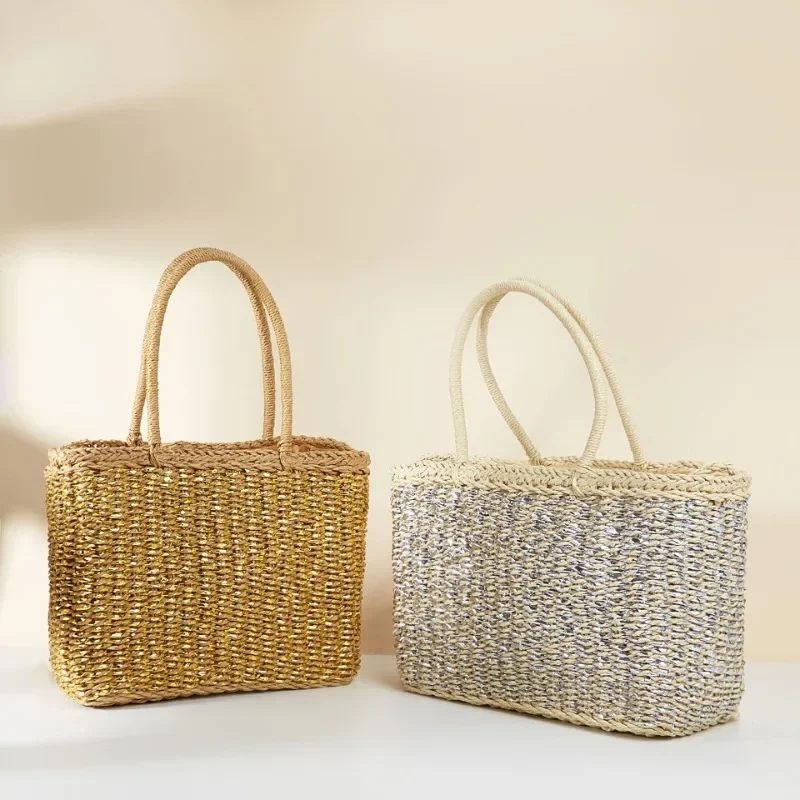 Sac en paille tissé à la main en ULde papier pour femmes, sac à main d'été, sac de plage de vacances en bord de mer, sac à main shopper Asus, nouveau, 2024