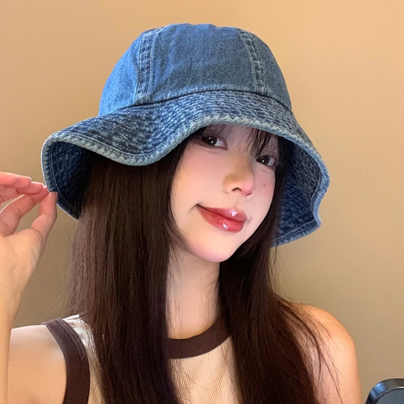 Retro Harajuku Style Denim Bucket Hats for Women Spring and Summer Travel Versatile Fashion Sunscreen Dome Basin Caps Men