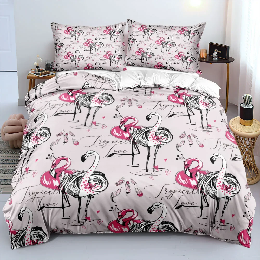 Juego de cama de animales con diseño personalizado 3D, funda nórdica con flamenco, ropa de cama blanca, almohada, colchonetas, tamaño King, Queen, individual, doble