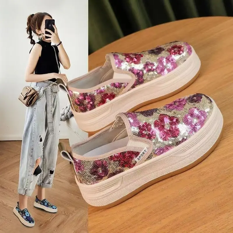 2024 New Woman\'s Spring Summer Casual Canvas Shoe Thick Sole Non Slip Flower Bling Slip-On Fashionable Loafers Shoes Board Shoes