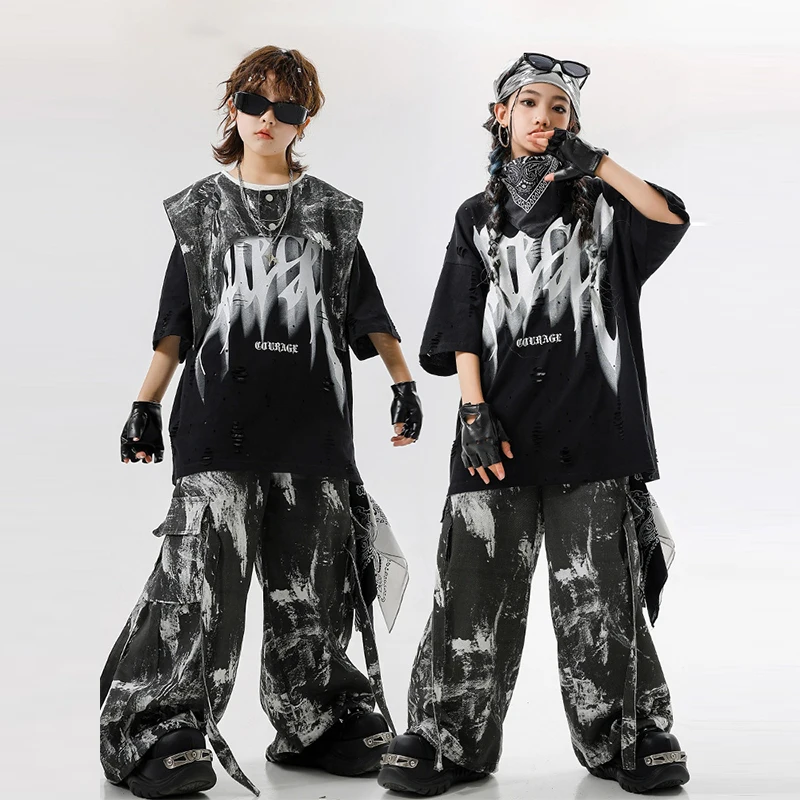 

Girls Hip Hop Cool Loose Dyed Cargo Pants Boys Street Dance Black T-shirt Kids Streetwear Teens Costumes Jazz Clothes Set XH2899