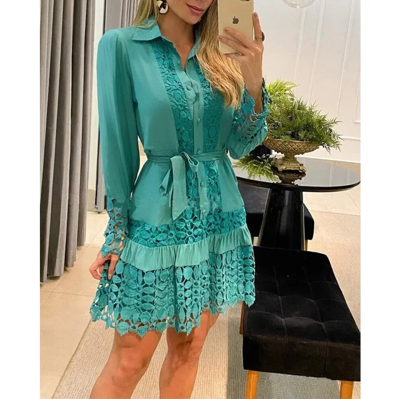 Spring Summer Shirt Dresses Women Two Piece With Lining Elegant Lace Patchwork Slim Dress Ladies Buttons Ruffles Party Dress