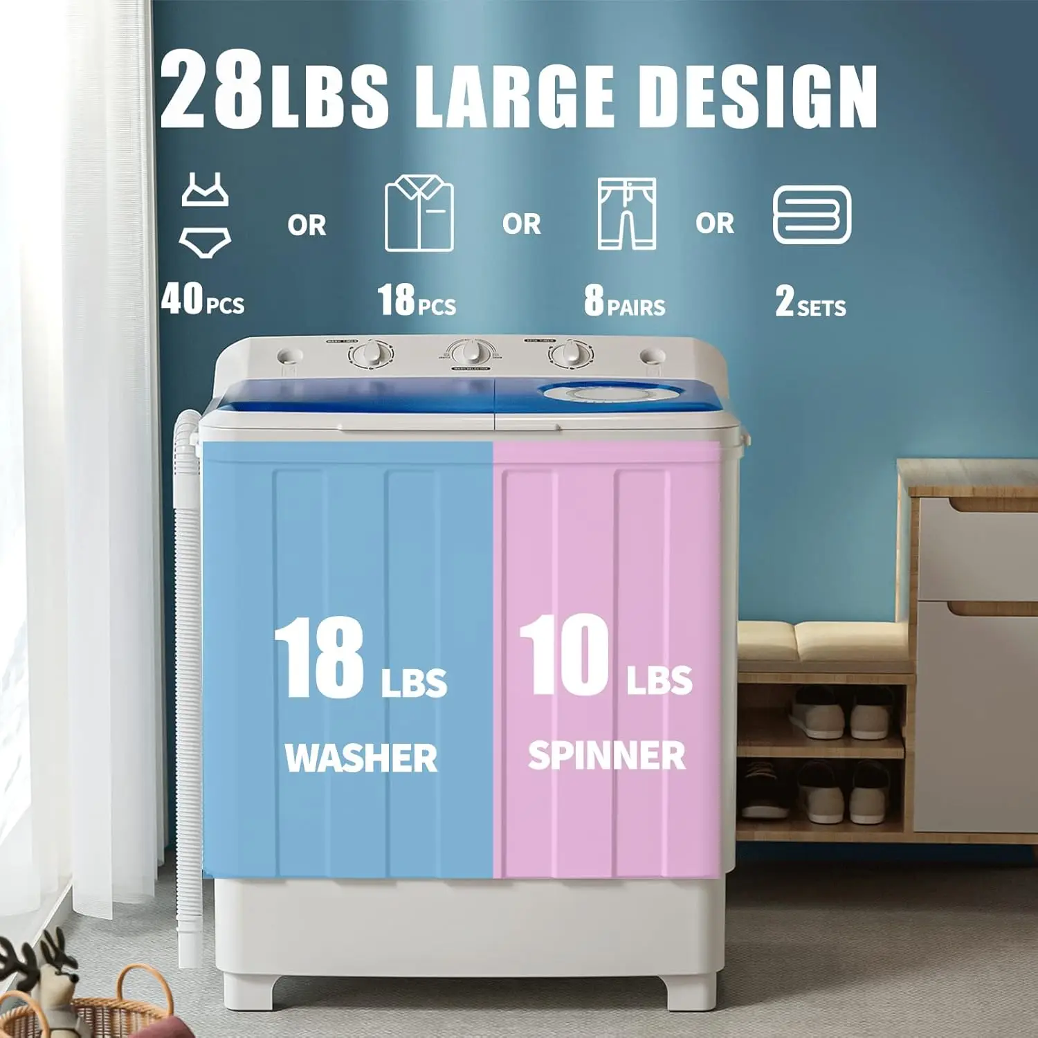 NEW Washing Machine, Twin Tub Washing Machine Laundry Compact Washer spinner Combo with 28lbs capacity, 18Lbs Washer