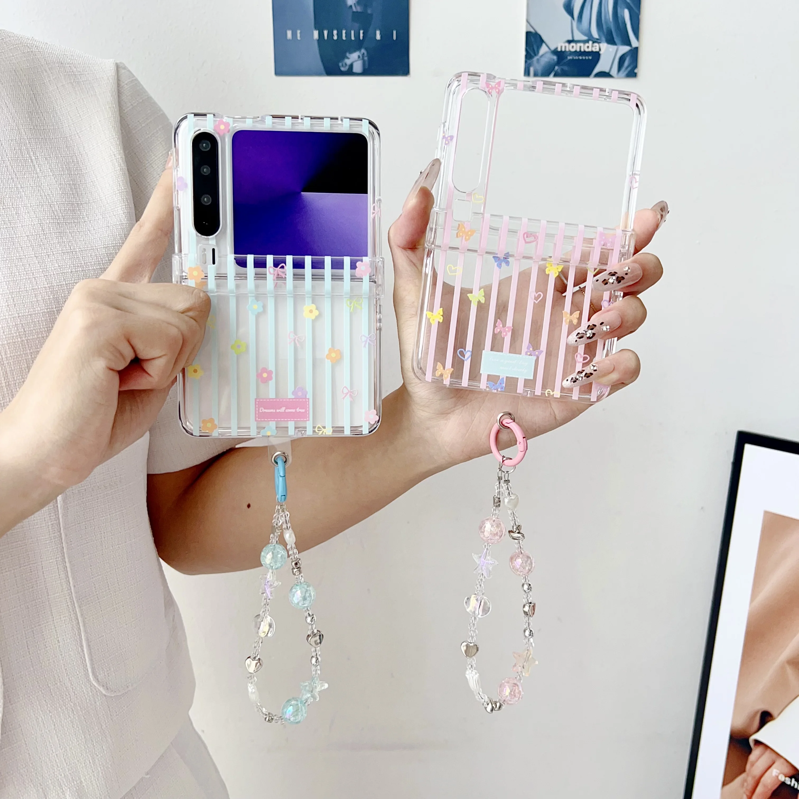 

Back Cover For Huawei Pura X Pocket2 P50Pocket Nova Flip Case Stripe Flower Butterfly Love Bracelet Wristband Chain Phone Case