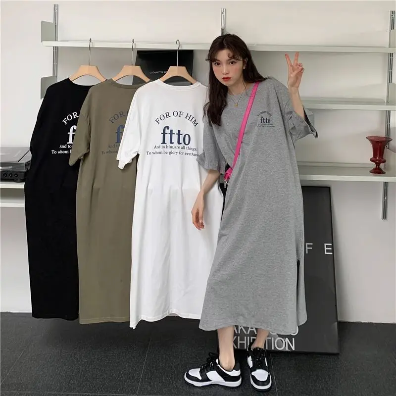 

Korean Letter Print Short Sleeve Casual Dresses Summer New Loose All-match Trend Split Hem T Shirt Dress Fashion Women Clothing