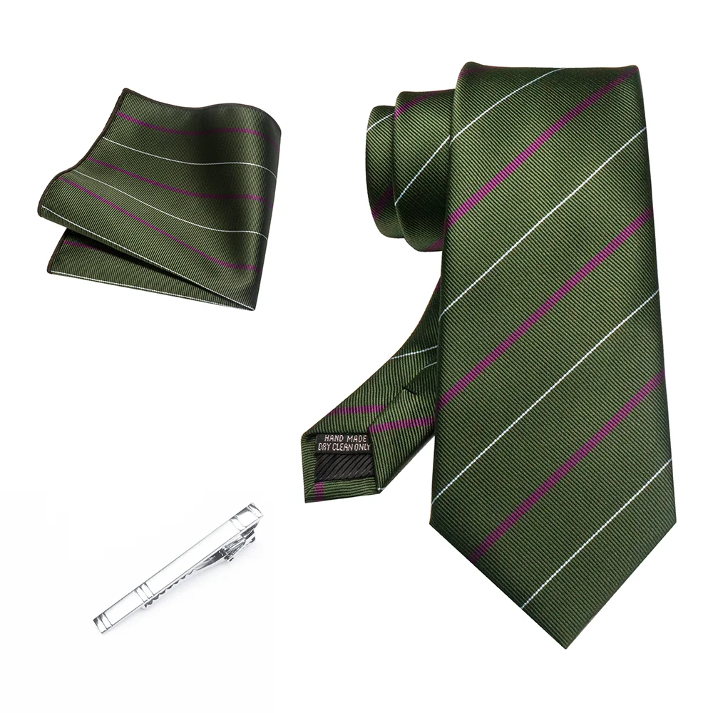 Herren Marineblau Krawatte Rot-Grün Gestreiftes Krawattenset Glänzender Clip Hochwertiges Einstecktuch für Business-Anzüge Anlässe Hochzeit Party – Detail 6